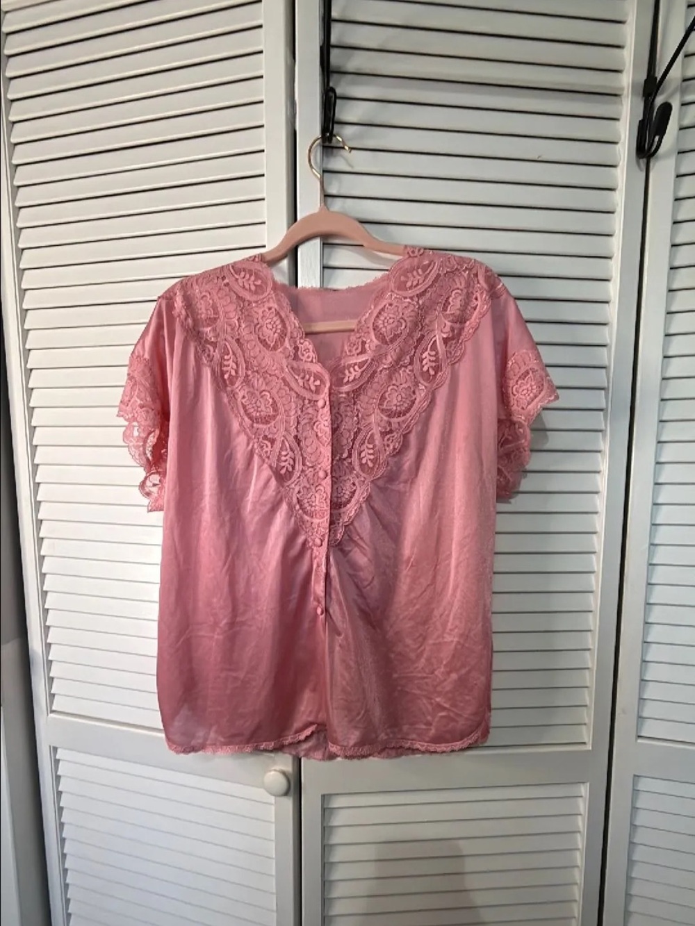 Olga Pink Lace-Trim Button Front Short Sleeve Top
